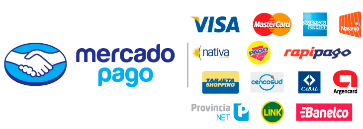 Medios de pago: Mercado Pago, Visa, Mastercard, American Express, Naranja, Rapipago, Pago Facil y mas